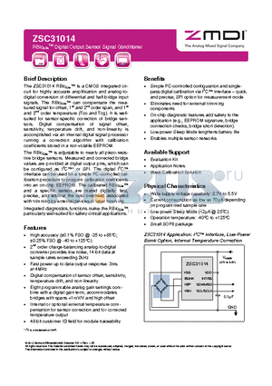 ZSC31014 datasheet - Digital Output Sensor Signal Conditioner