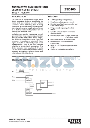 ZSD100 datasheet - AUTOMOTIVE AND HOUSEHOLD SECURITY SIREN DRIVER