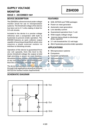 ZSH330 datasheet - SUPPLY VOLTAGE MONITOR