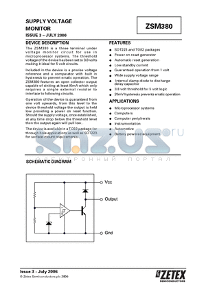 ZSM380C datasheet - SUPPLY VOLTAGE MONITOR