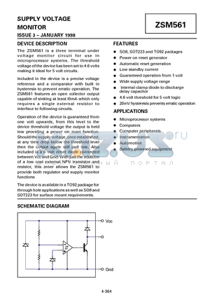 ZSM561 datasheet - SUPPLY VOLTAGE MONITOR