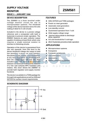 ZSM561C datasheet - SUPPLY VOLTAGE MONITOR