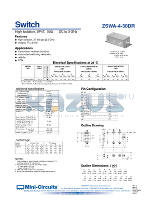 ZSWA-4-30DR datasheet - Switch High Isolation, SP4T, 50 DC to 3 GHz