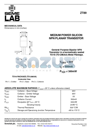 ZT89 datasheet - MEDIUM POWER SILICON NPN PLANAR TRANSISTOR