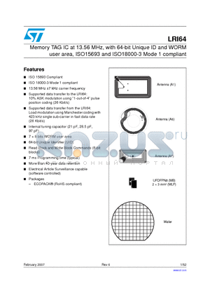 LRI64-A6S2U datasheet - Memory TAG IC at 13.56 MHz, with 64-bit Unique ID and WORM user area, ISO15693 and ISO18000-3 Mode 1 compliant