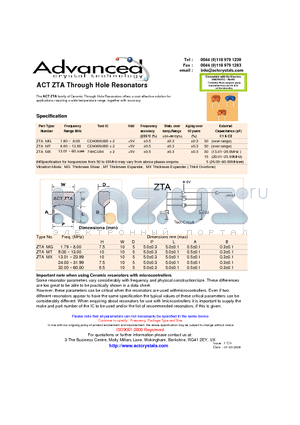 ZTAMX datasheet - Through Hole Resonators