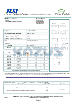 ZTAS datasheet - 2 Pad and 3 Pad Ceramic Package, 3.4 mm x 7.4 mm and 4.1 mm x 4.7 mm