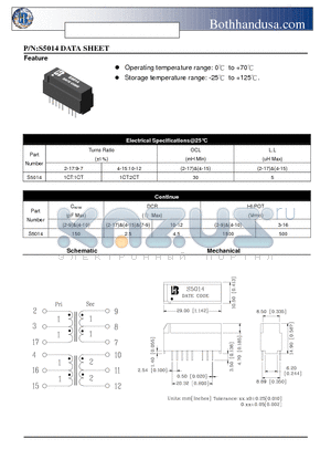 S5014 datasheet - ISDN S-INTERFACE TRANSFORMER