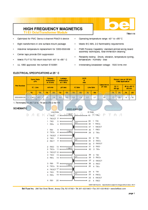 S553-6500-D8 datasheet - HIGH FREQUENCY MAGNETICS T1/E1 Octal Transformer Module