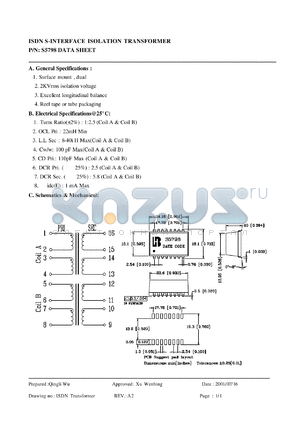 S5798 datasheet - ISDN S-INTERFACE ISOLATION TRANSFORMER