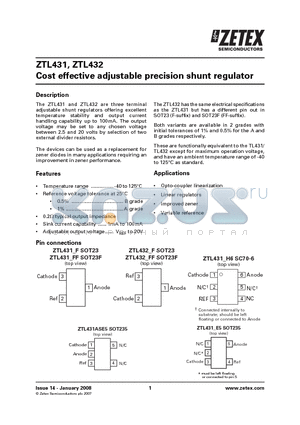 ZTL431ASE5TA datasheet - Cost effective adjustable precision shunt regulator