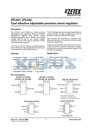 ZTL431BE5TA datasheet - Cost effective adjustable precision shunt regulator