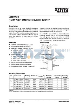 ZTLV431AFFTA datasheet - 1.24V Cost effective shunt regulator