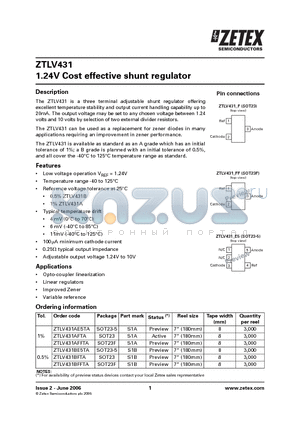 ZTLV431AFTA datasheet - 1.24V Cost effective shunt regulator