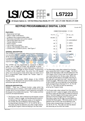 LS7223 datasheet - KEYPAD PROGRAMMABLE DIGITAL LOCK