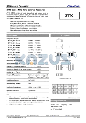 ZTTC datasheet - MHz-Band Ceramic Resonator