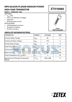 ZTX1048 datasheet - NPN SILICON PLANAR MEDIUM POWER HIGH GAIN TRANSISTOR