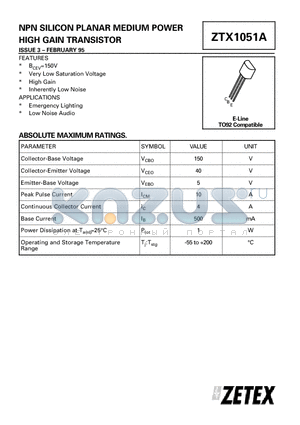 ZTX1051A datasheet - NPN SILICON PLANAR MEDIUM POWER HIGH GAIN TRANSISTOR