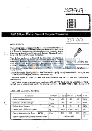 ZTX212 datasheet - PNP SILICON PLANAR GENERAL PURPOSE TRANSISTORS