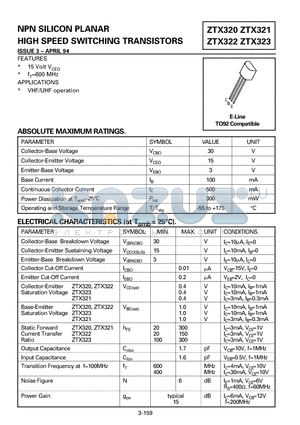 ZTX322 datasheet - NPN SILICON PLANAR HIGH SPEED SWITCHING TRANSISTORS