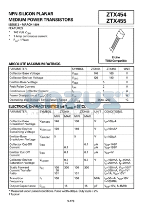 ZTX455 datasheet - NPN SILICON PLANAR MEDIUM POWER TRANSISTORS