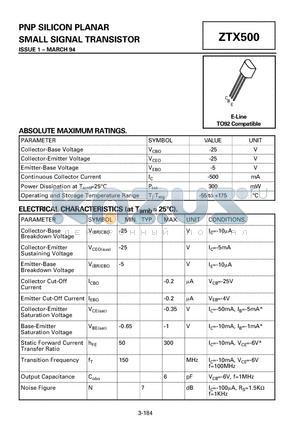 ZTX500 datasheet - PNP SILICON PLANAR SMALL SIGNAL TRANSISTOR