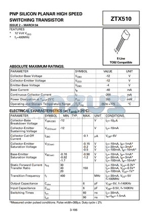 ZTX510 datasheet - PNP SILICON PLANAR HIGH SPEED SWITCHING TRANSISTOR