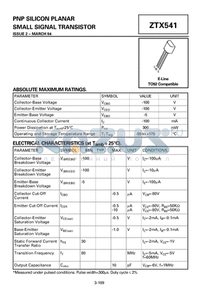 ZTX541 datasheet - PNP SILICON PLANAR SMALL SIGNAL TRANSISTOR
