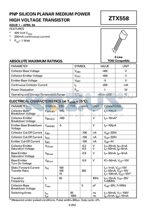 ZTX558 datasheet - PNP SILICON PLANAR MEDIUM POWER HIGH VOLTAGE TRANSISTOR