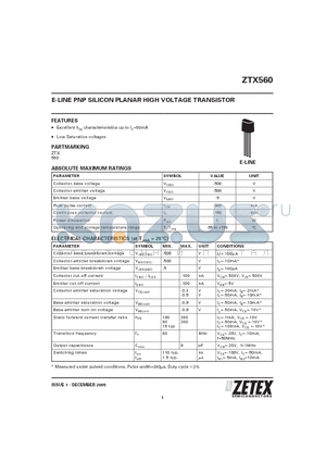 ZTX560 datasheet - E-LINE PNP SILICON PLANAR HIGH VOLTAGE TRANSISTOR