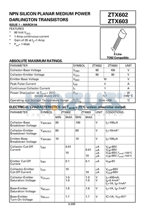 ZTX602 datasheet - NPN SILICON PLANAR MEDIUM POWER DARLINGTON TRANSISTORS