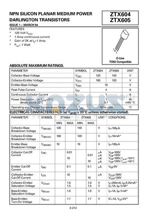 ZTX604 datasheet - NPN SILICON PLANAR MEDIUM POWER(DARLINGTON TRANSISTORS)