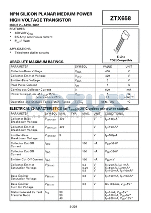 ZTX658_02 datasheet - NPN SILICON PLANAR MEDIUM POWER HIGH VOLTAGE TRANSISTOR