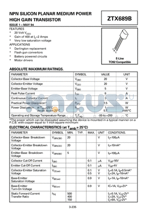 ZTX689B datasheet - NPN SILICON PLANAR MEDIUM POWER HIGH GAIN TRANSISTOR