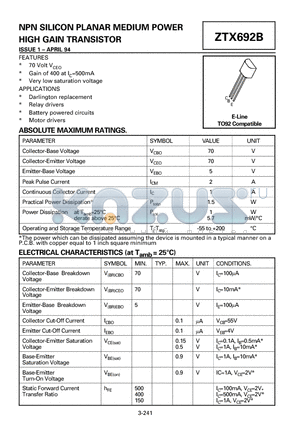 ZTX692B datasheet - NPN SILICON PLANAR MEDIUM POWER HIGH GAIN TRANSISTOR