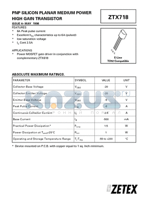 ZTX718 datasheet - PNP SILICON PLANAR MEDIUM POWER HIGH GAIN TRANSISTOR