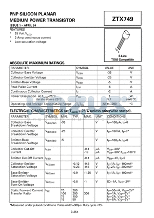 ZTX749 datasheet - PNP SILICON PLANAR MEDIUM POWER TRANSISTOR