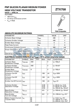 ZTX758 datasheet - PNP SILICON PLANAR MEDIUM POWER