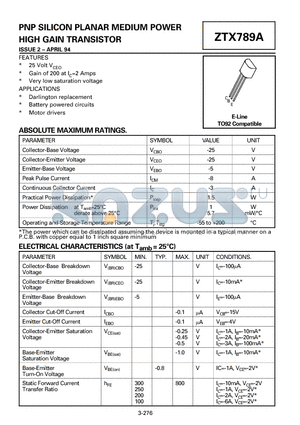 ZTX789 datasheet - PNP SILICON PLANAR MEDIUM POWER HIGH GAIN TRANSISTOR