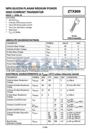 ZTX869 datasheet - NPN SILICON PLANAR MEDIUM POWER HIGH CURRENT TRANSISTOR