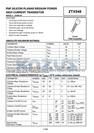 ZTX948 datasheet - PNP SILICON PLANAR MEDIUM POWER HIGH CURRENT TRANSISTOR