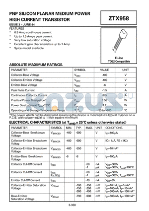 ZTX958 datasheet - PNP SILICON PLANAR MEDIUM POWER HIGH CURRENT TRANSISTOR