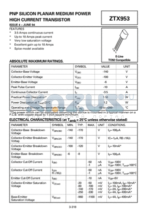 ZTX953 datasheet - PNP SILICON PLANAR MEDIUM POWER HIGH CURRENT TRANSISTOR