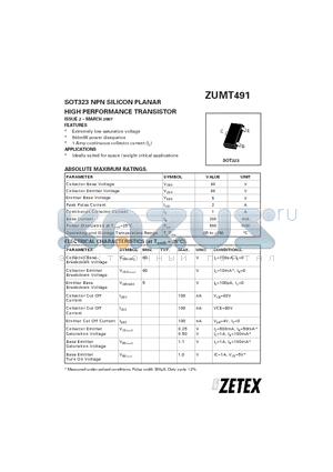 ZUMT491 datasheet - SOT323 NPN SILICON PLANAR HIGH PERFORMANCE TRANSISTOR