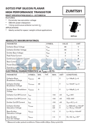 ZUMT591 datasheet - SOT323 PNP SILICON PLANAR HIGH PERFORMANCE TRANSISTOR