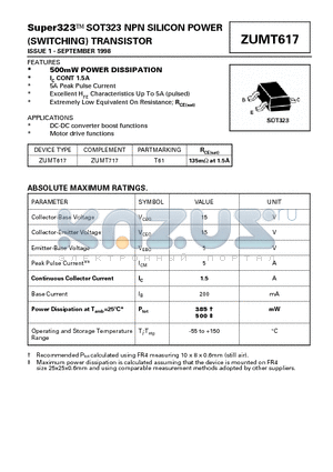 ZUMT617 datasheet - Super323 SOT323 NPN SILICON POWER TRANSISTOR