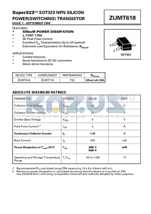 ZUMT618 datasheet - NPN SILICON POWER(SWITCHING) TRANSISTOR