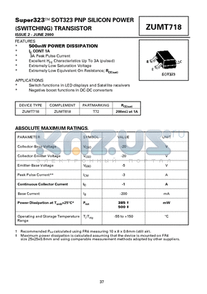 ZUMT718 datasheet - Super323 SOT323 PNP SILICON POWER (SWITCHING) TRANSISTOR