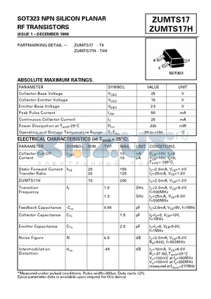 ZUMTS17H datasheet - NPN SILICON PLANAR RF TRANSISTORS