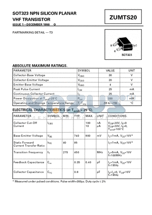 ZUMTS20 datasheet - NPN SILICON PLANAR VHF TRANSISTOR